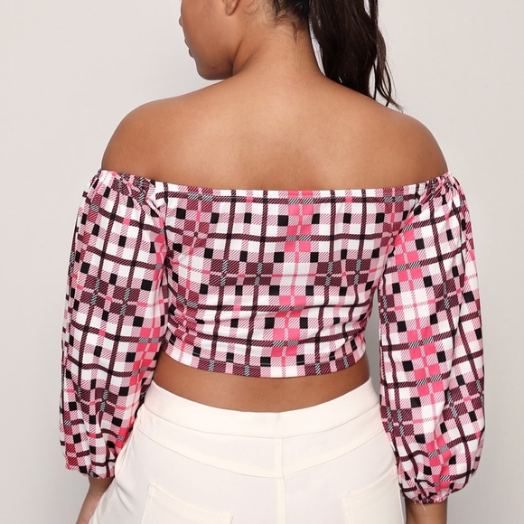 New- Off- Shoulders Zipper Front Plaid Top - Picture 2 of 5